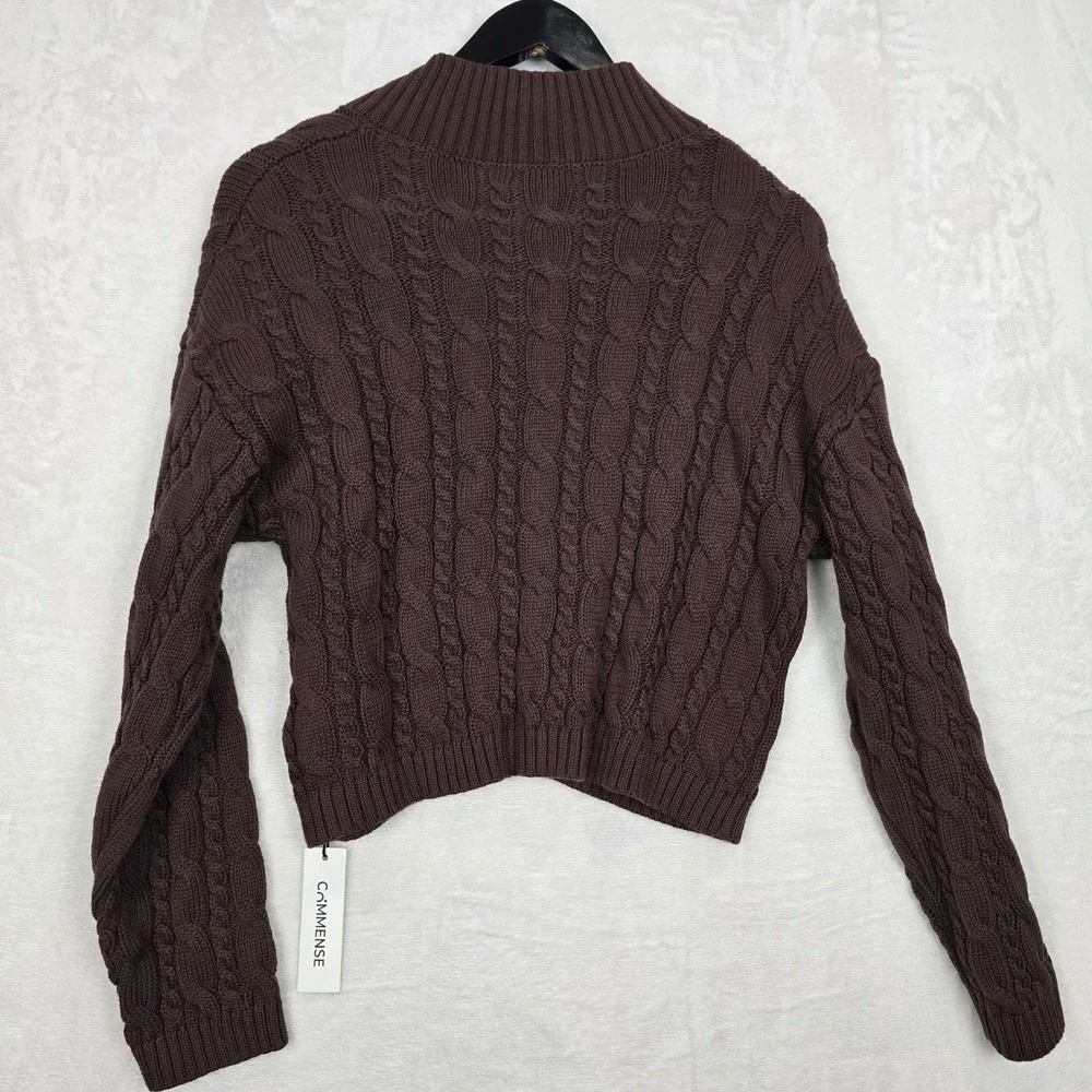 Commense Womens Brown Cable Knit Cropped Sweater Keyhole Toggle Clasp XS NEW
